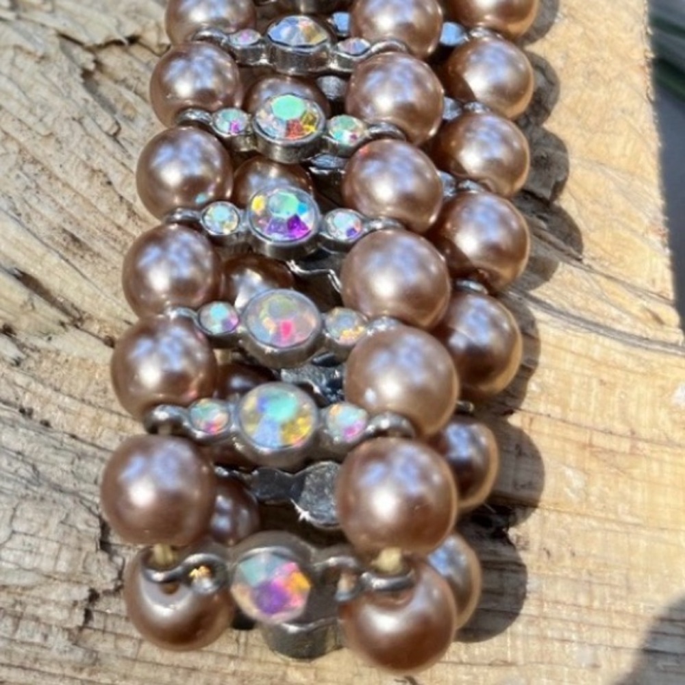 Vintage Champagne Pearl Aurora Borealis Stretch Bracelet Multi Strand - Picture 3 of 3